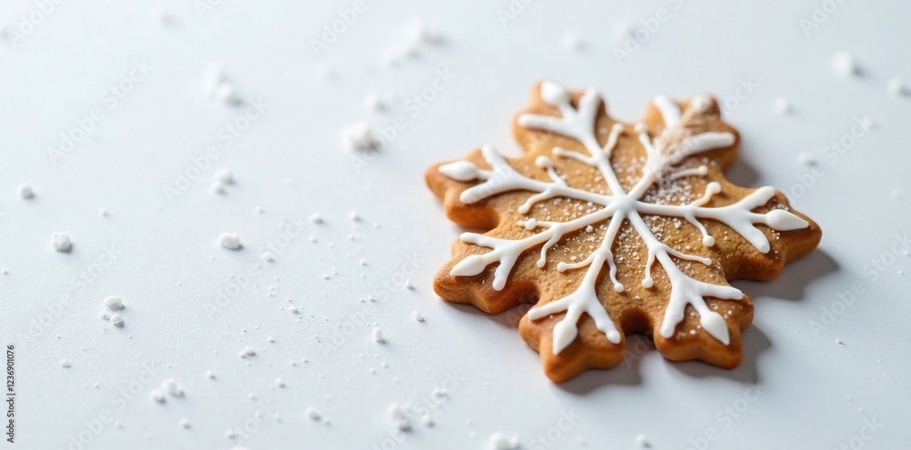 Delicate snowflake gingerbread cookie on white background, snowy texture, winter wonderland Delicate snowflake gingerbread cookie on white background, snowy texture, winter wonderland
