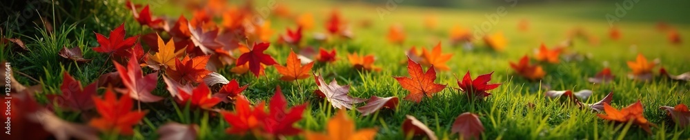 Red fall leaves scattered on a grassy hillside, foliage, grass Red fall leaves scattered on a grassy hillside, foliage, grass