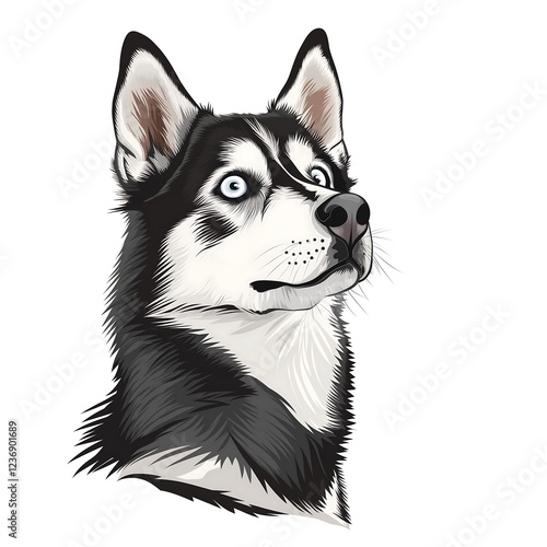 Detailed illustration of a Siberian husky with striking blue eyes and unique fur pattern photo