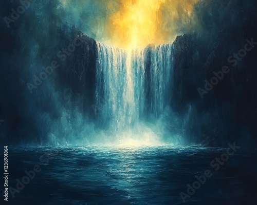 Wallpaper Mural Powerful Waterfall Cascading into Serene Turquoise Lake with Rainbows in the Mist Torontodigital.ca