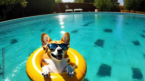 A playful corgi wearing sunglasses and a vibrant yellow swim ring, floating in a pool of clear blue water.