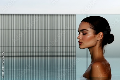 Elegant woman relaxing in calm water by a contemporary architectural backdrop during golden hour lighting Free Download Elegant woman relaxing in calm water by a contemporary architectural backdrop during golden hour lighting - GFXLoad