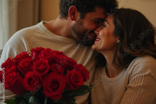 A romantic couple sharing an affectionate moment at home, holding a lush bouquet of red roses. The scene conveys love, intimacy, and warmth, perfect for themes of relationships and special occasions. photo