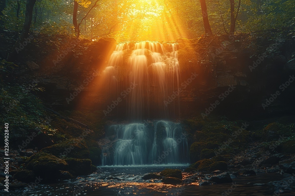Obraz premium Majestic Waterfall Cascading Down Moss Covered Rocks with Sunlight Streaming Through Lush Forest Foliage