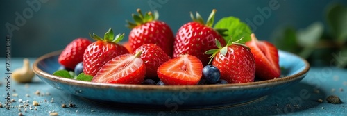 Fruita madura en una plataforma de madera azul, naturaleza, comida fresca, comida photo