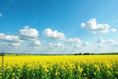 Sugar beet field with blue sky and white clouds, canola, nature, agriculture