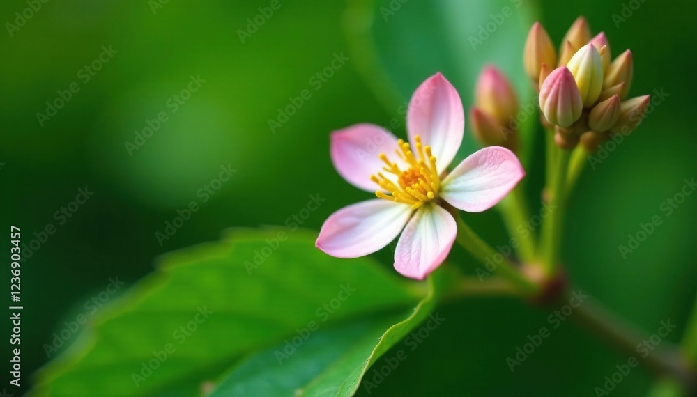 Detail of Brahmi flowers on a green stem with leaves, botany, Ayurveda, plants Detail of Brahmi flowers on a green stem with leaves, botany, Ayurveda, plants