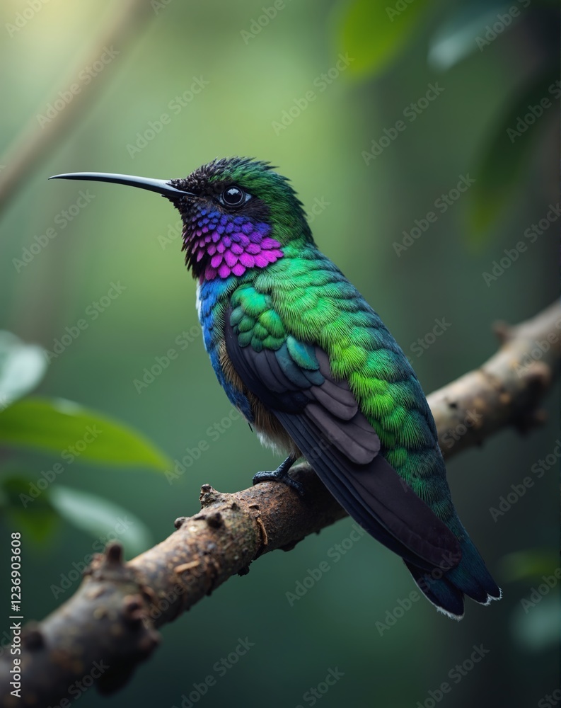 Fototapeta premium A green and purple hummingbird is perched on a branch. The bird is small and colorful, with a long beak. Concept of tranquility and beauty, as the bird is in its natural habitat
