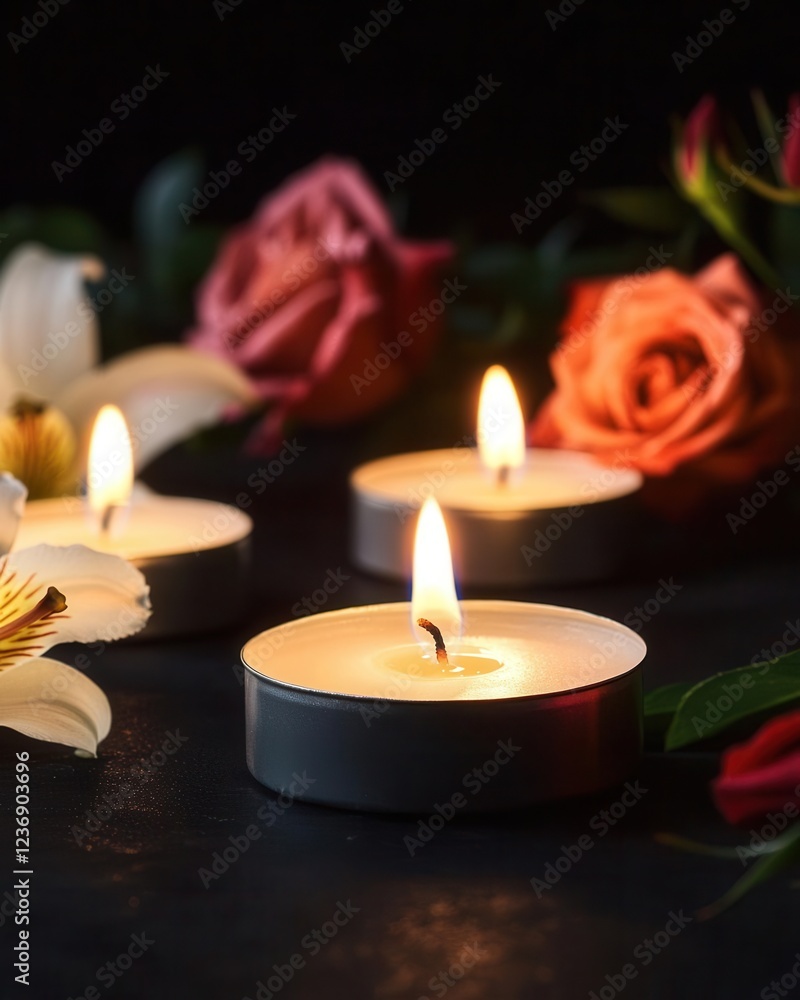 Elegant Memorial Display with Burning Candles and Fresh Flowers on Dark Background Elegant Memorial Display with Burning Candles and Fresh Flowers on Dark Background