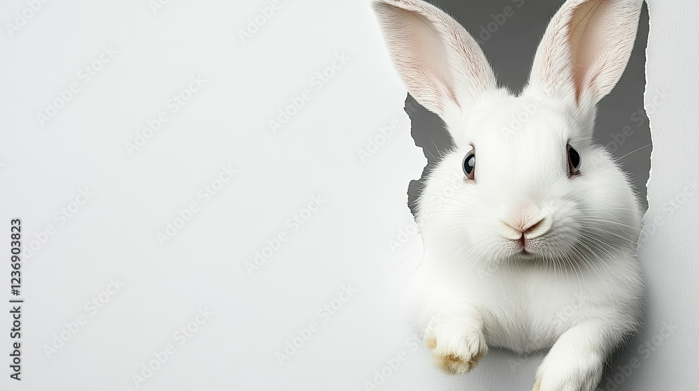Obraz premium White rabbit emerges playfully from a hole in a wall showcasing its curious nature in a bright, minimalist setting