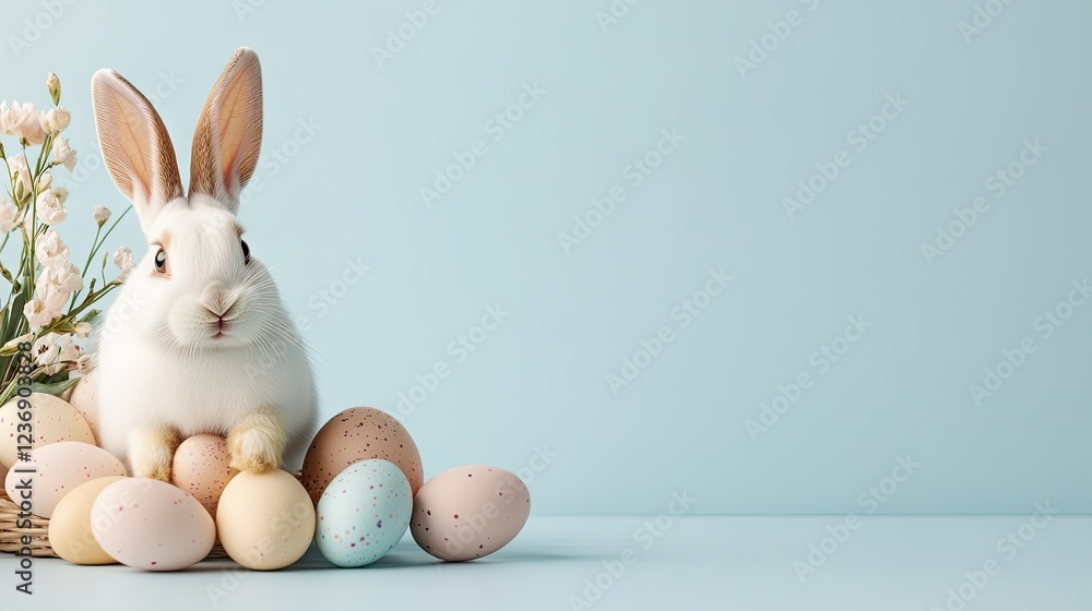Fototapeta premium Cute rabbit surrounded by decorative pastel eggs and flowers in a light blue setting during the Easter celebration