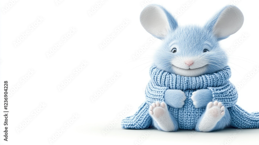 Fototapeta premium Cute blue bunny wearing a cozy knit sweater sitting comfortably with a joyful expression on a plain background