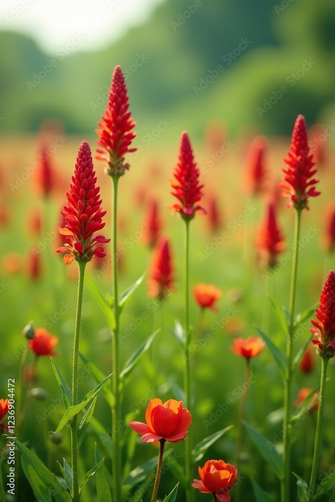 A field of tall, blooming flowers with bright red seeds, flower fields, greenery A field of tall, blooming flowers with bright red seeds, flower fields, greenery