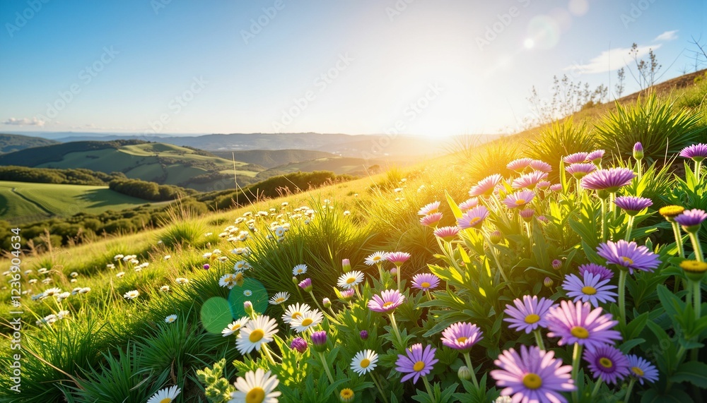Obraz premium Vibrant wildflowers blooming on hillside at sunset, nature's beauty