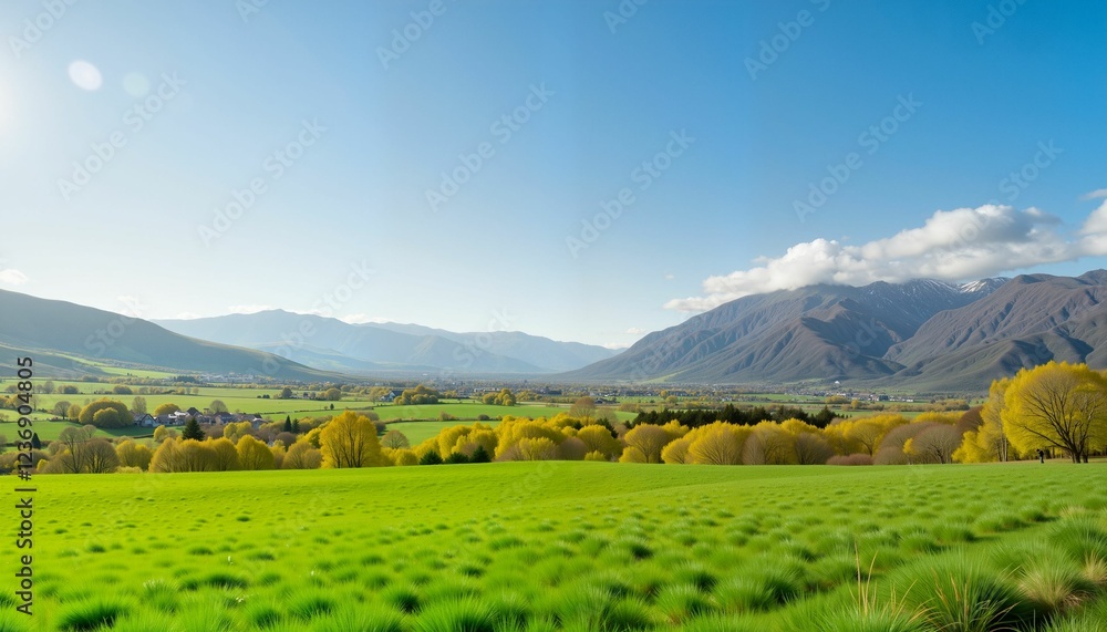 Vibrant spring landscape with mountains and green fields, nature's beauty Vibrant spring landscape with mountains and green fields, nature's beauty
