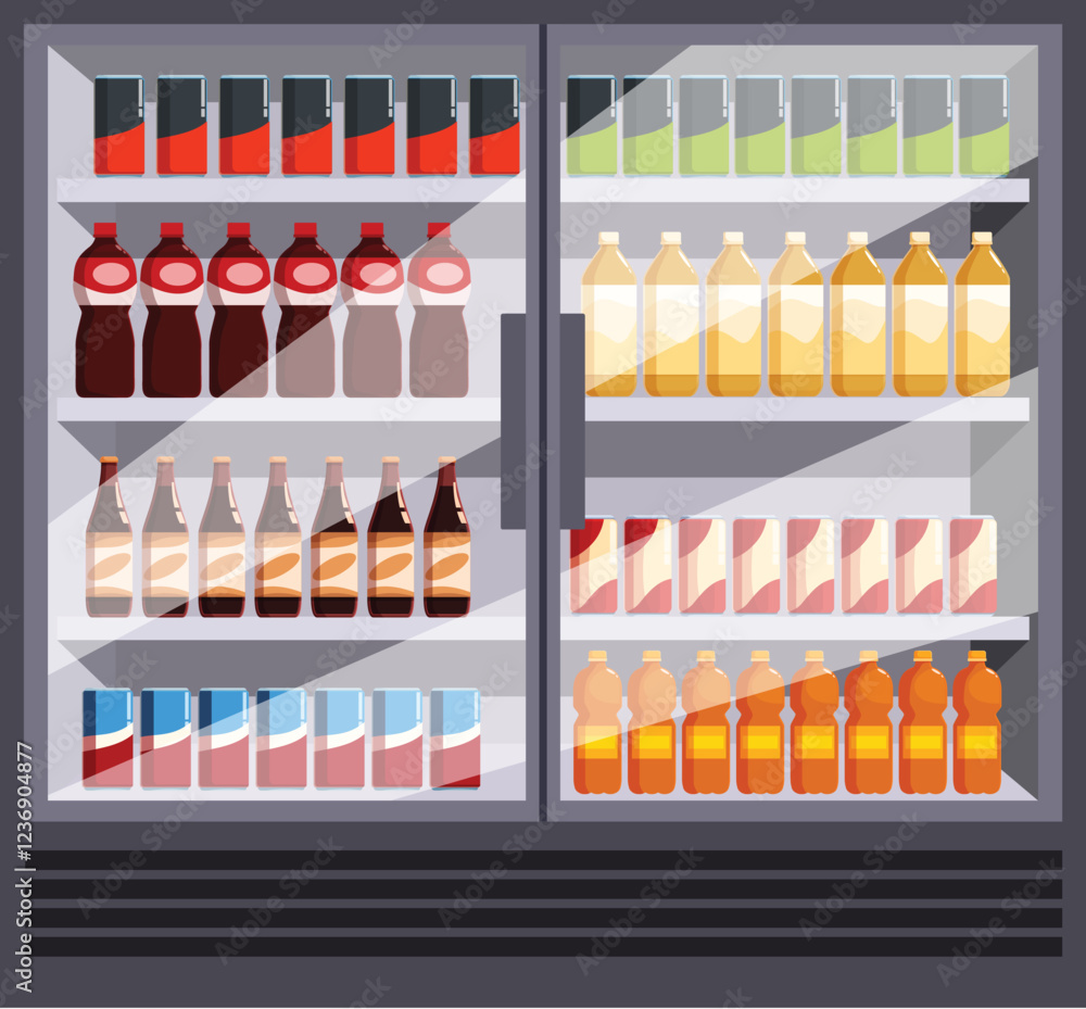 Fototapeta premium Glass door refrigerator in supermarket displaying variety of bottled and canned drinks, juices, beers, and sodas