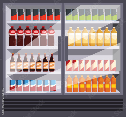 Glass door refrigerator in supermarket displaying variety of bottled and canned drinks, juices, beers, and sodas