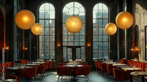 Chic restaurant interior, city view, large windows, evening ambiance, fine dining