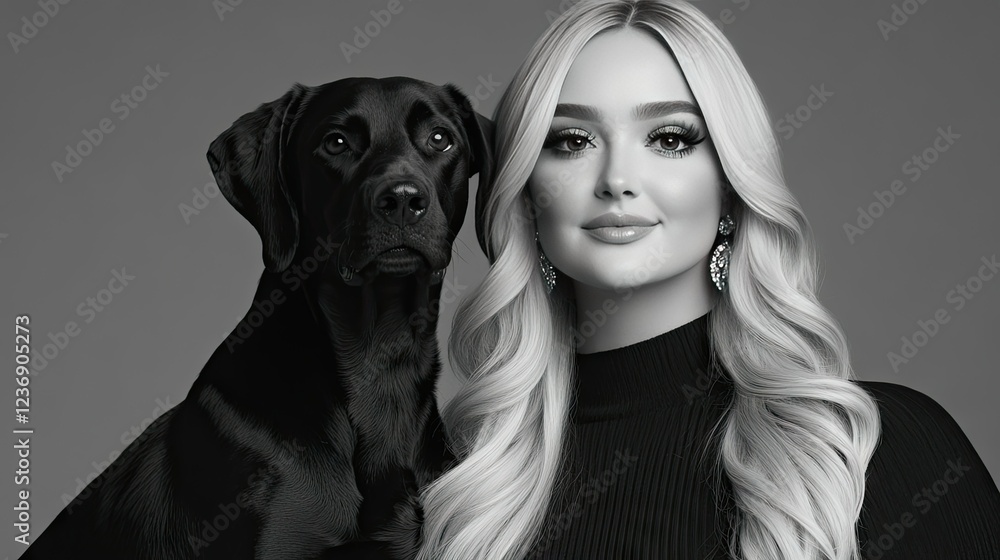 Young woman and her black dog pose together in a stylish studio setting showcasing their bond and personality Young woman and her black dog pose together in a stylish studio setting showcasing their bond and personality