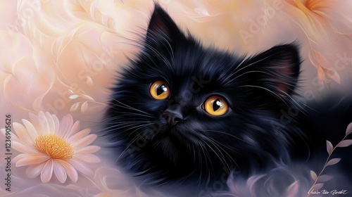 Black cat with striking golden eyes gazes thoughtfully among soft floral background during a peaceful moment