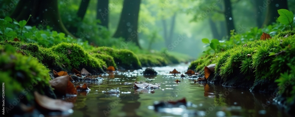 Gentle rainfall falls on a quiet forest floor, nature, forest, water Gentle rainfall falls on a quiet forest floor, nature, forest, water
