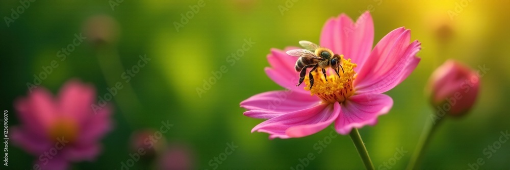 Bee visits a colorful flower to collect nectar and sweet liquid, nature, green, insects Bee visits a colorful flower to collect nectar and sweet liquid, nature, green, insects