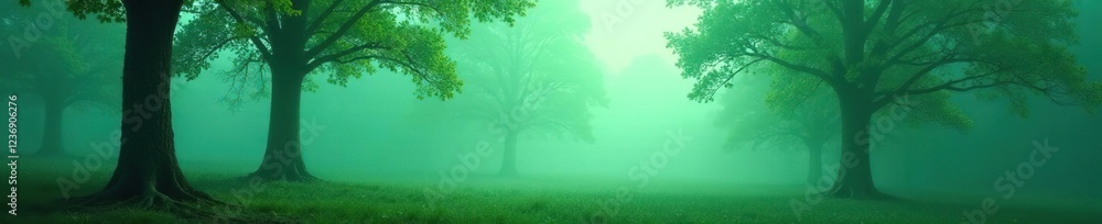 Foggy forest scene with trees in misty atmosphere, trees, green Foggy forest scene with trees in misty atmosphere, trees, green