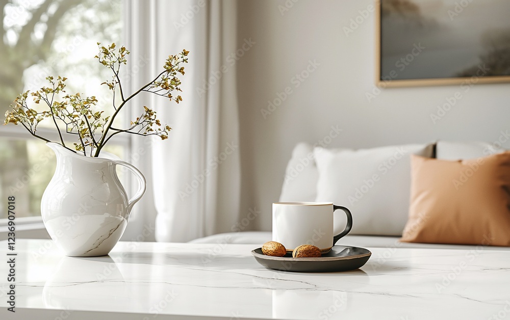 Cozy living room corner with coffee, cookies, and vase. Cozy living room corner with coffee, cookies, and vase.