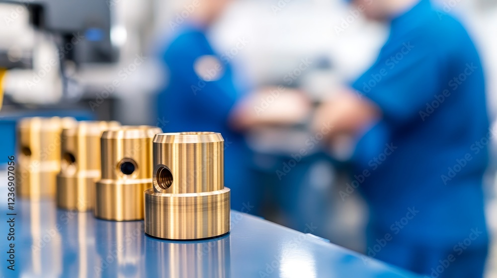 Close-up of precision-engineered metal components on a factory table with workers assembling in background Close-up of precision-engineered metal components on a factory table with workers assembling in background