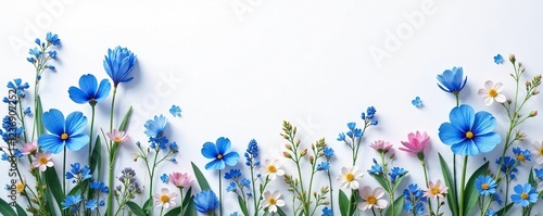 Forget me nots in a loose arrangement on white canvas, blue, loose arrangement, floral
