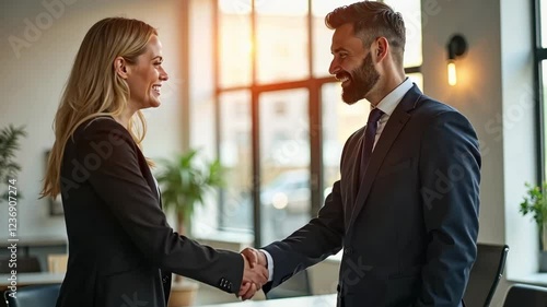  A close up of  two business professionals shaking hands, emphasizing cooperation and mutual agreement in a corporate environment
