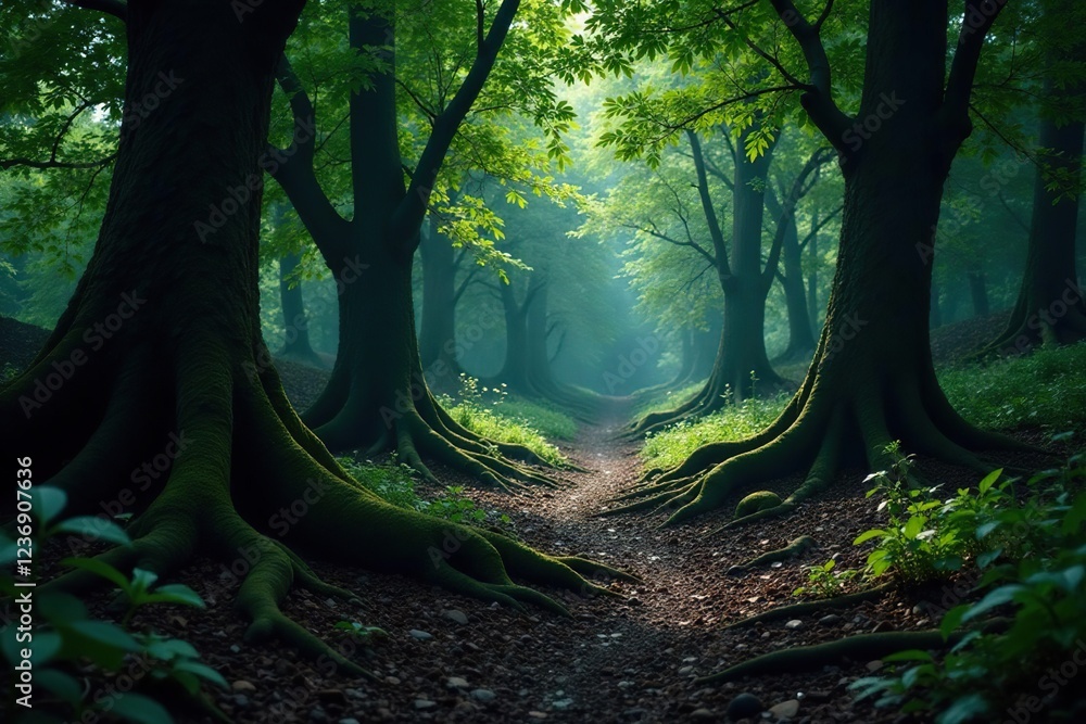 Fototapeta premium Dark forest landscape with twisted tree roots, trees, dense foliage, rugged