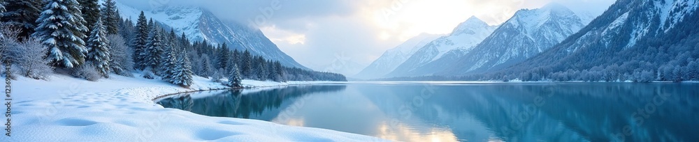 Mountain lake with frozen shoreline and snow-covered trees, frozen, lakes Mountain lake with frozen shoreline and snow-covered trees, frozen, lakes