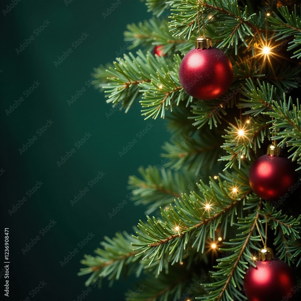 Ornate Christmas tree branch with sparkling garlands and berries, mistletoe, ornaments, christmas trees Ornate Christmas tree branch with sparkling garlands and berries, mistletoe, ornaments, christmas trees