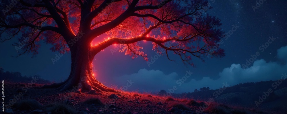 Glowing tree branches illuminate a dark clearing, organic luminescence, mystical aura Glowing tree branches illuminate a dark clearing, organic luminescence, mystical aura