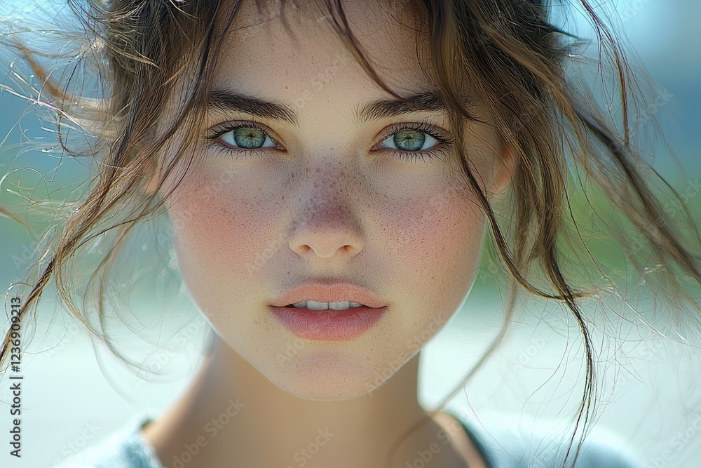 Young Woman with Freckles and Windblown Hair Young Woman with Freckles and Windblown Hair