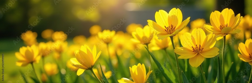 Fototapeta premium Sunlit garden with bright yellow Spanish Broom flowers, yellow, spring, blooms