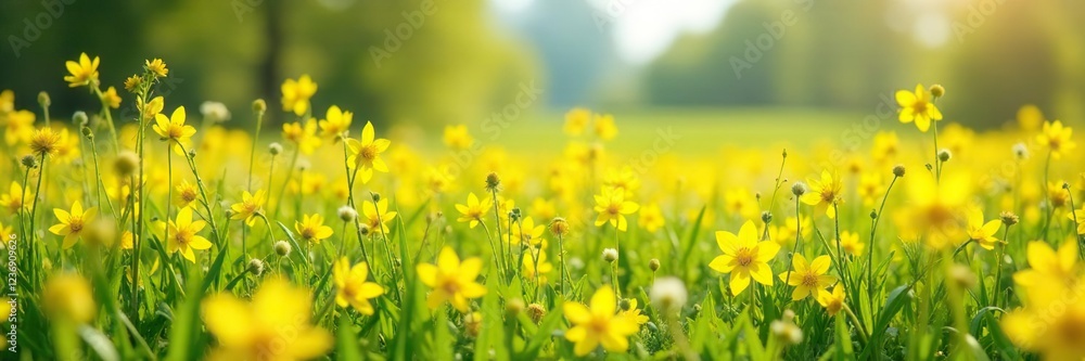 Sunny meadow filled with bright yellow forsythia and wildflowers, forsythia, meadow Sunny meadow filled with bright yellow forsythia and wildflowers, forsythia, meadow