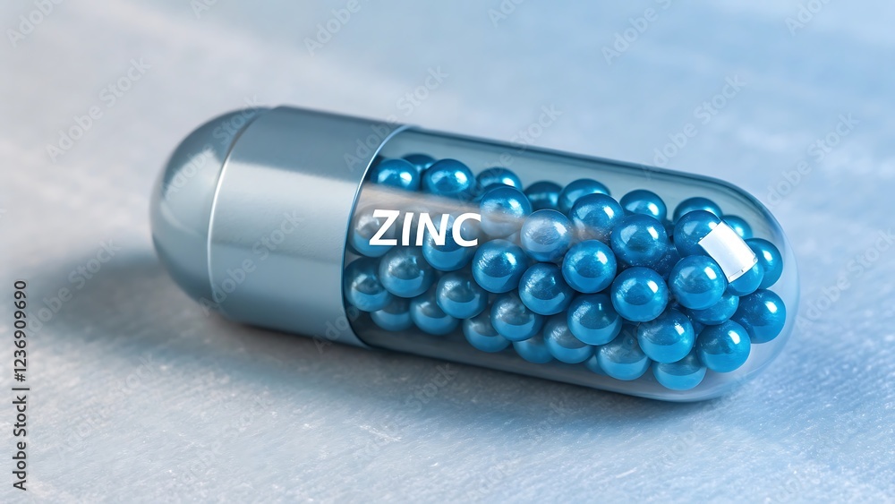 Naklejka premium Close-up photo of modern futuristic-looking metallic capsule filled with shiny blue beads, with the label 'Zinc', isolated on a soft background.