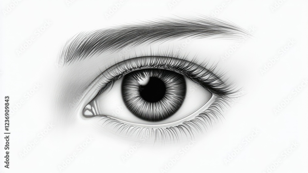 Detailed black and white sketch highlighting the intricate features of a human eye with naturalistic textures and shading Detailed black and white sketch highlighting the intricate features of a human eye with naturalistic textures and shading