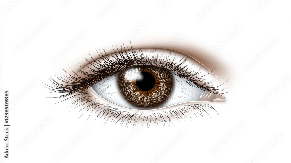 Intricate close-up of a brown eye showcasing stunning details in the iris, eyelashes, and sclera against a clean white background Intricate close-up of a brown eye showcasing stunning details in the iris, eyelashes, and sclera against a clean white background