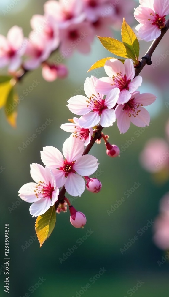 Obraz premium Cherry blossom branches with tiny flowers and green leaves, flowers, spring, nature