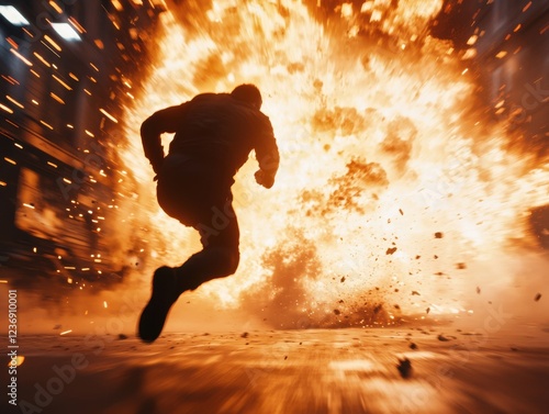 Hero running in slow motion amidst dynamic explosion in gritty urban environment action poster design photo