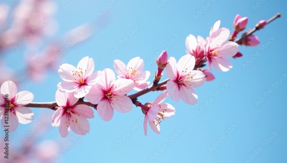 Soft pink cherry blossom branch against a clear blue sky, blossoms, tree Soft pink cherry blossom branch against a clear blue sky, blossoms, tree