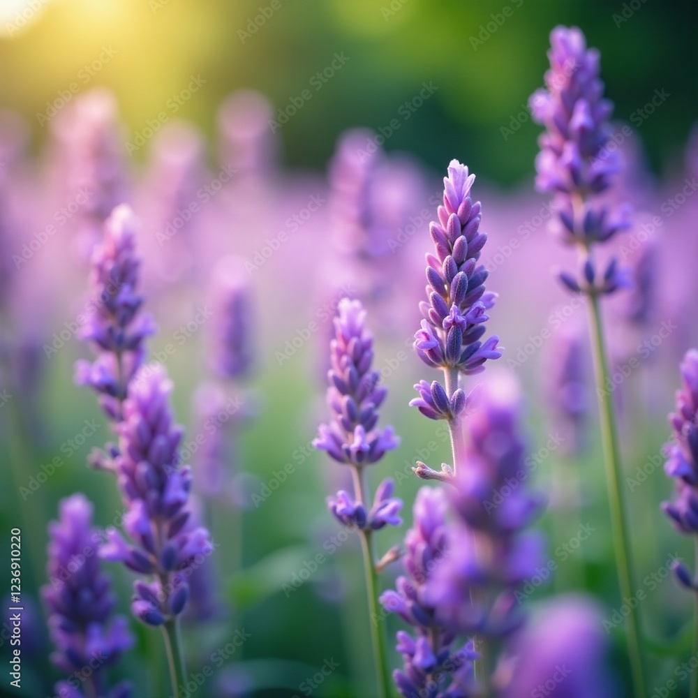 Naklejka premium Soft lavender petals and delicate stems fill a serene garden background, landscape, nature