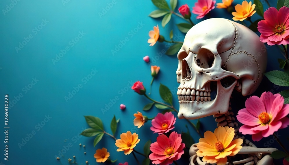 Spooky skull amidst blooming flowers on blue background, flower arrangement, skeleton, flowers Spooky skull amidst blooming flowers on blue background, flower arrangement, skeleton, flowers