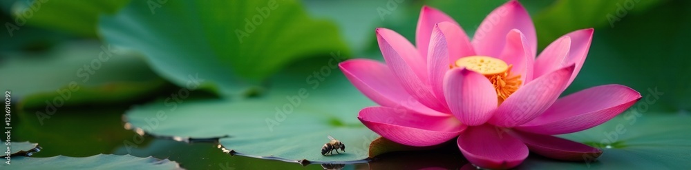 Bees resting at the base of a large pink lotus flower, floral, natural, lotus Bees resting at the base of a large pink lotus flower, floral, natural, lotus