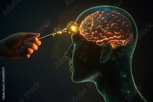 Wallpaper Mural Dynamic 3D graphic of a hand with a digital key unlocking advanced cognitive abilities in a head, symbolizing potential unleashed. Torontodigital.ca