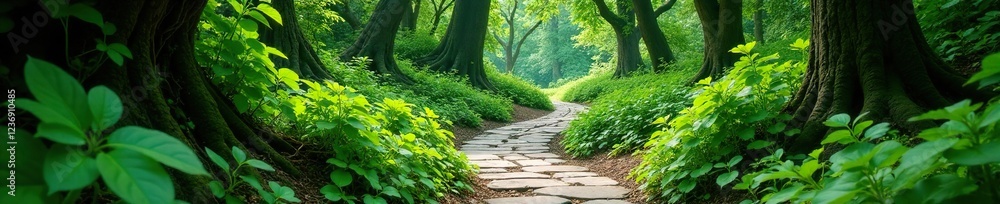 Fototapeta premium Ancient stone path winding through lush greenery, vines, forest, nature