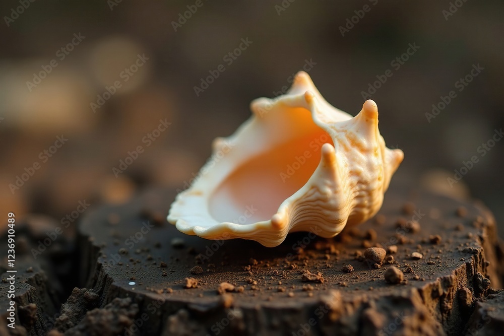A single elegant conch shell nestled in the wood, nature, organic, earthy A single elegant conch shell nestled in the wood, nature, organic, earthy